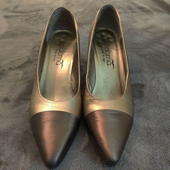 PALOMA two tone gold patent leather and satin heels vintage 7.5 - Picture 2 of 7
